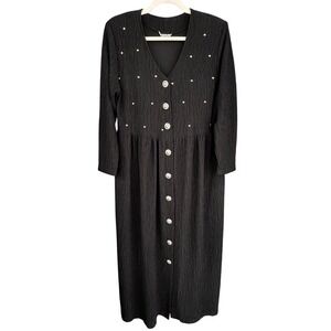 A3 Maxima Dress Sunburst Buttons‎ Midi 1990s Vintage Studded Crinkle Black